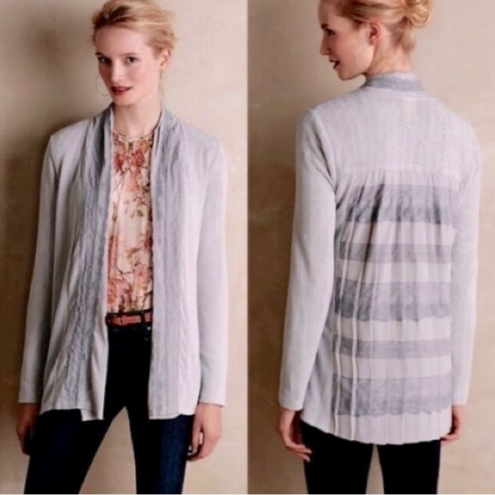 ANTHROPOLOGIE One September soft grey chiffon and lace open front cardigan‎